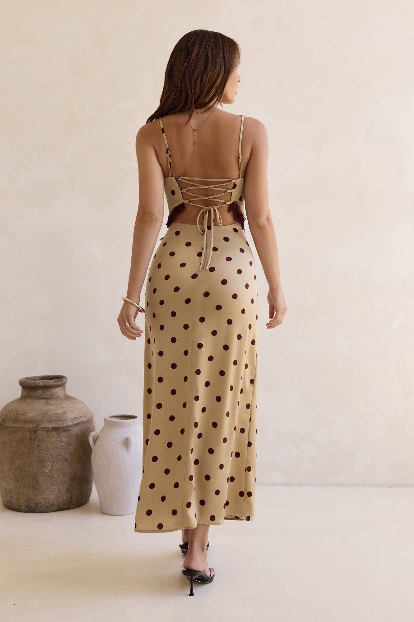 On The Sky Lace Polka Dot Maxi Dress Brown