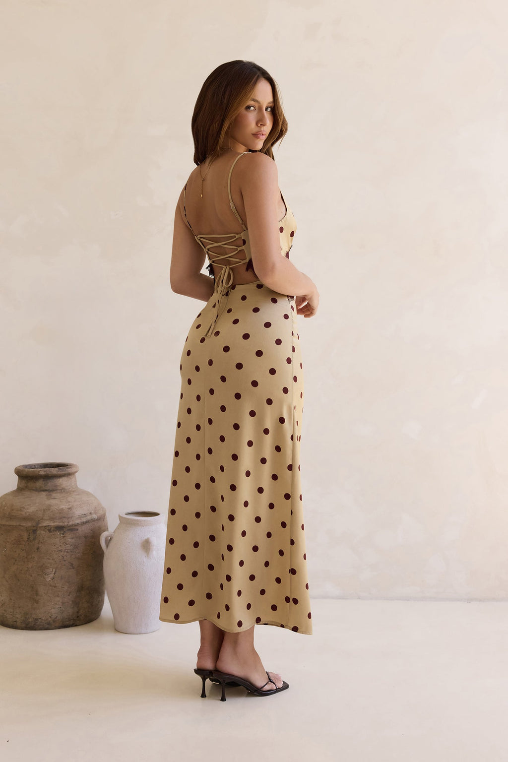 On The Sky Lace Polka Dot Maxi Dress Brown