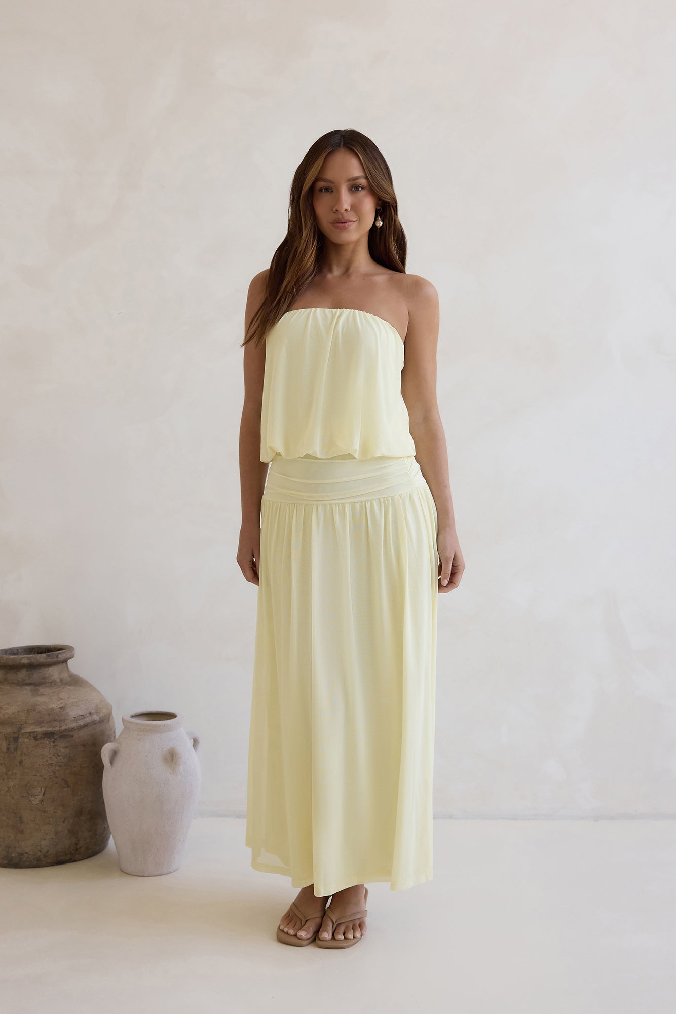 Calling Me Mesh Strapless Maxi Dress Yellow