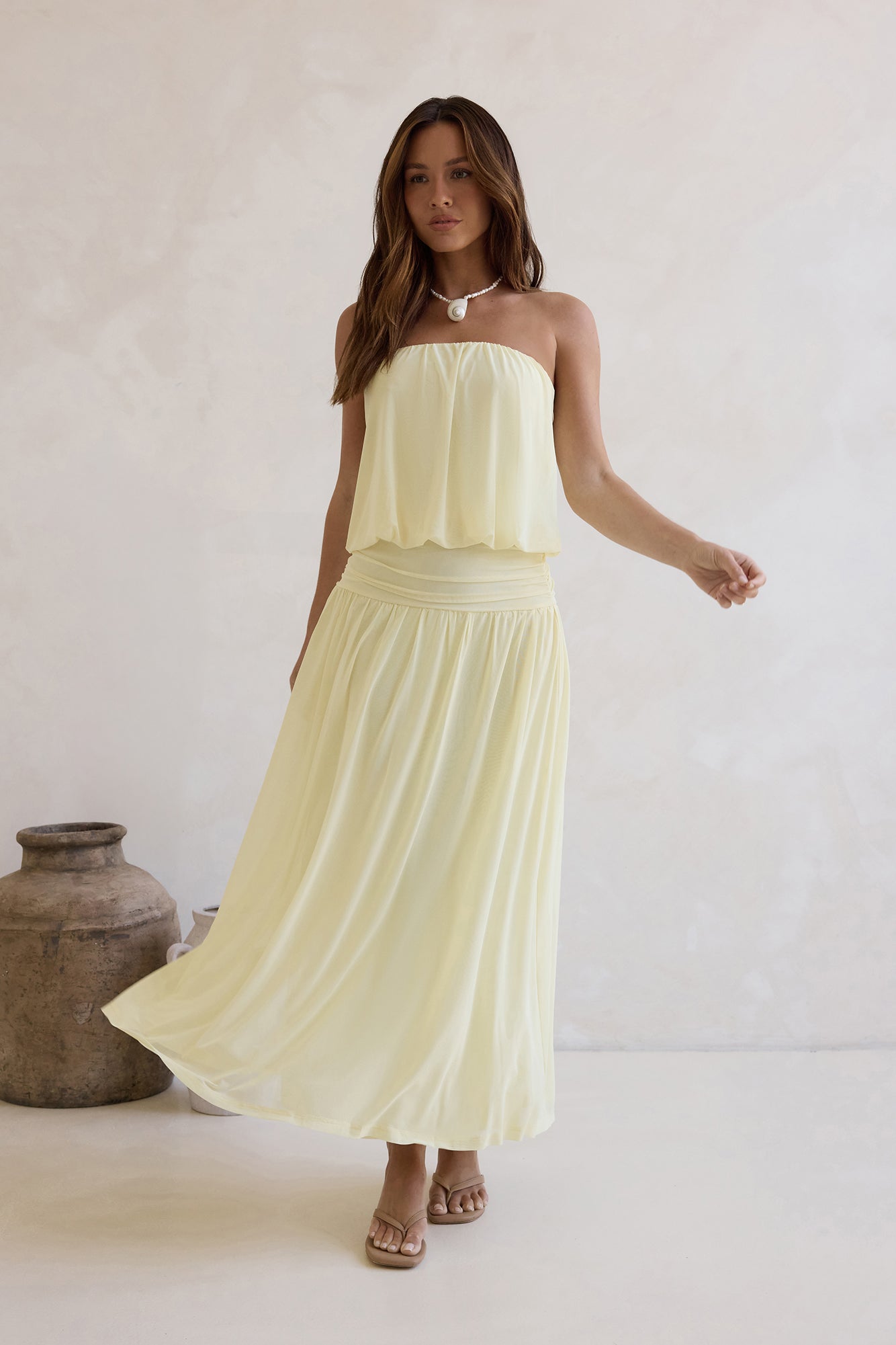 Calling Me Mesh Strapless Maxi Dress Yellow