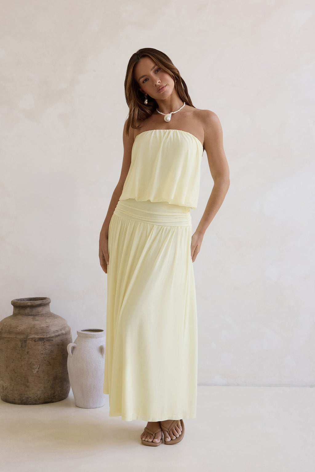 Calling Me Mesh Strapless Maxi Dress Yellow