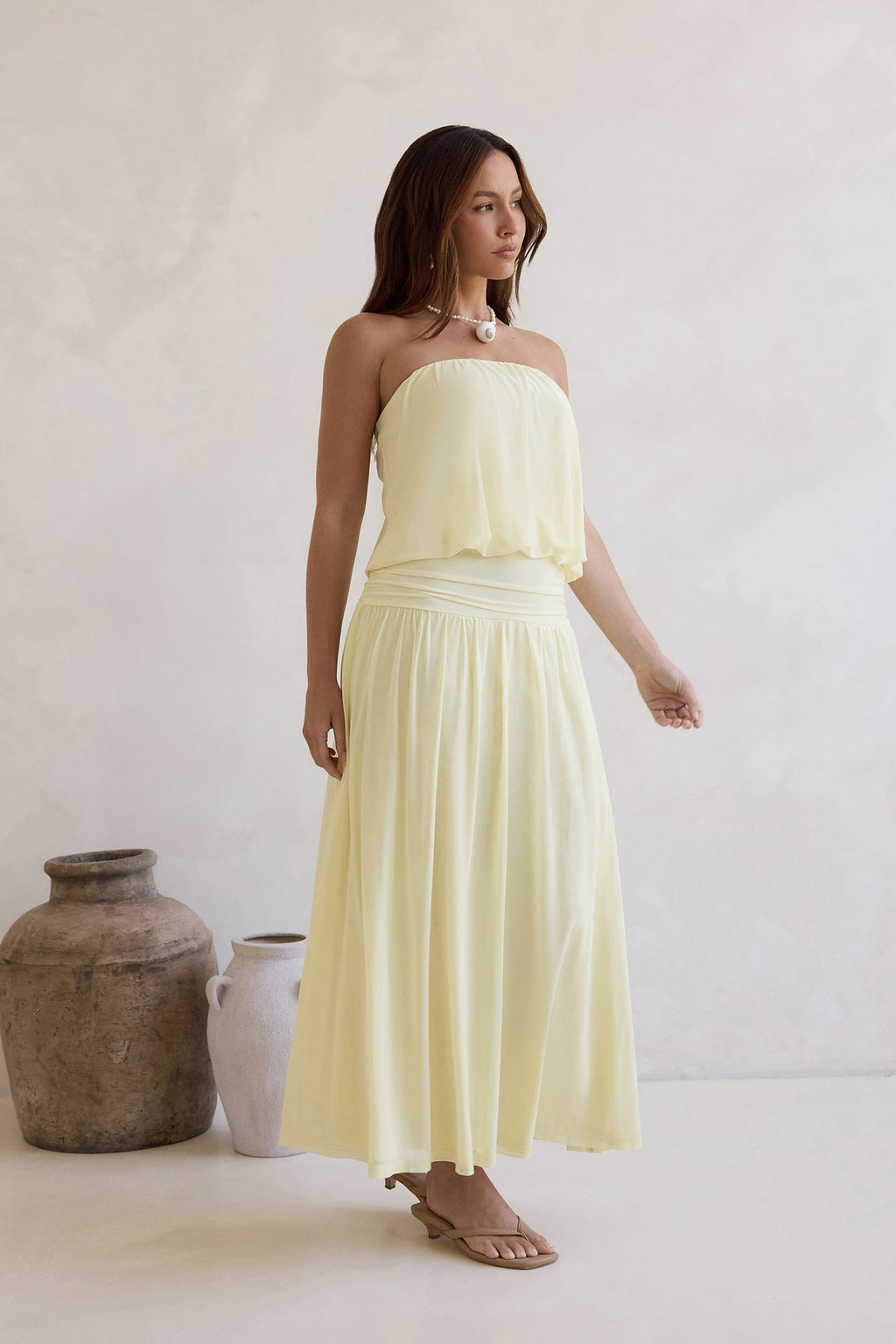 Calling Me Mesh Strapless Maxi Dress Yellow