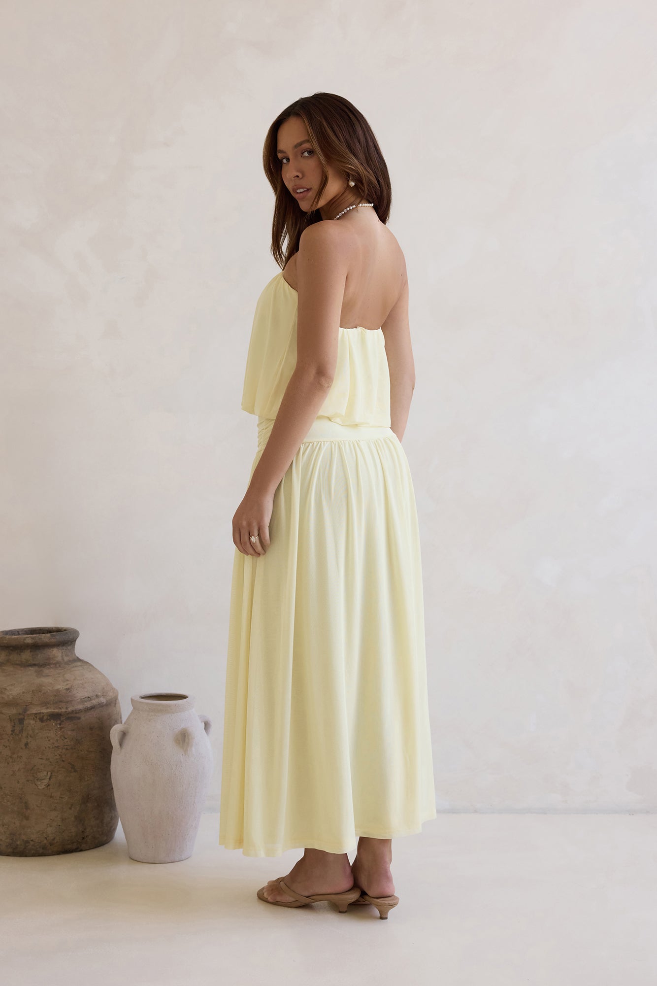 Calling Me Mesh Strapless Maxi Dress Yellow