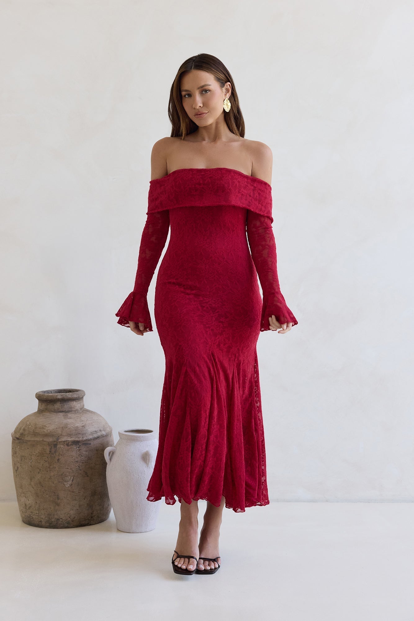 Here For Love Off Shoulder Mesh Maxi Dress Red