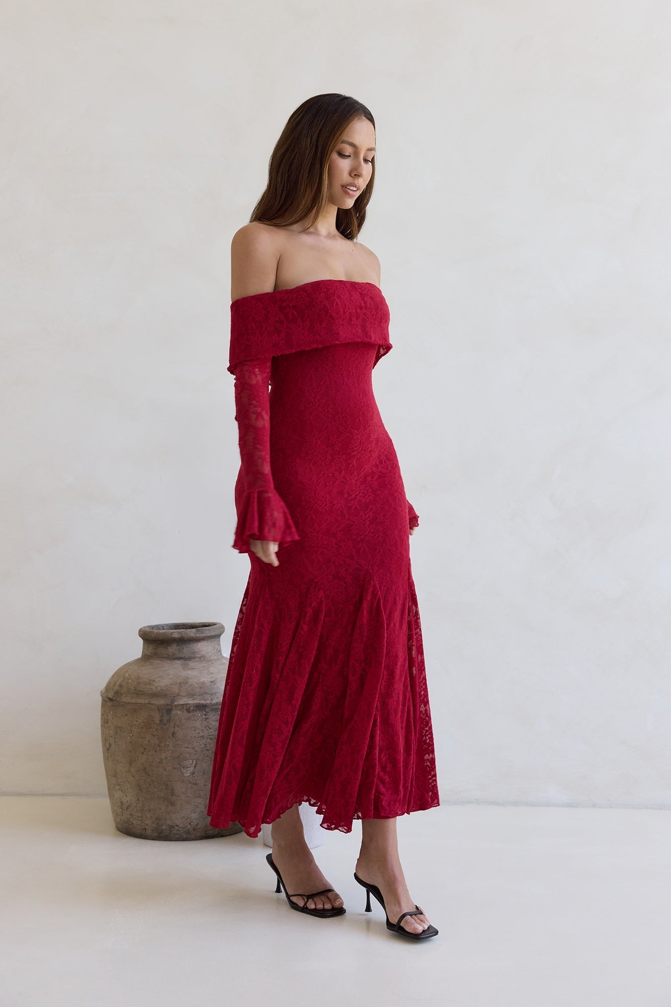 Here For Love Off Shoulder Mesh Maxi Dress Red