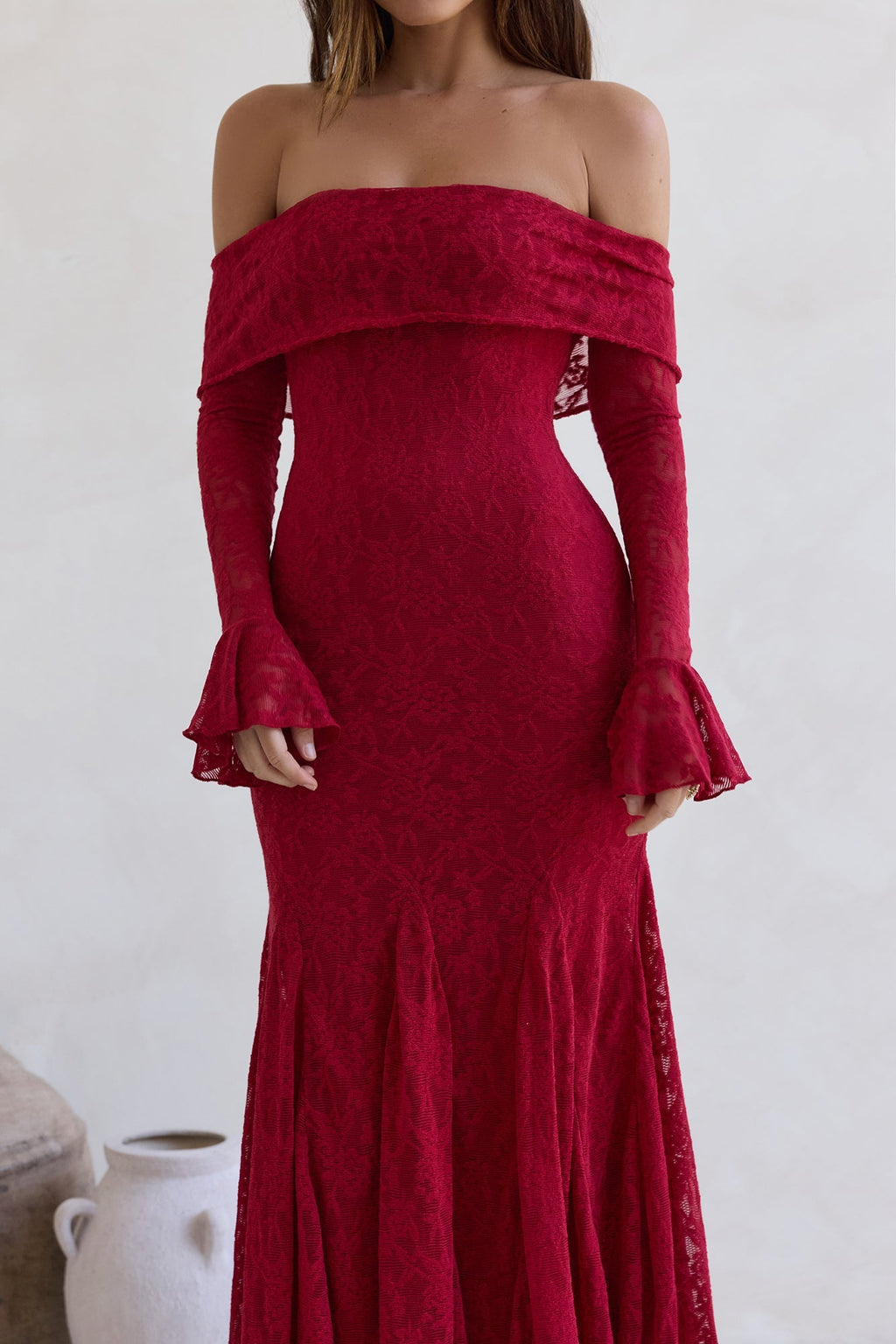 Here For Love Off Shoulder Mesh Maxi Dress Red