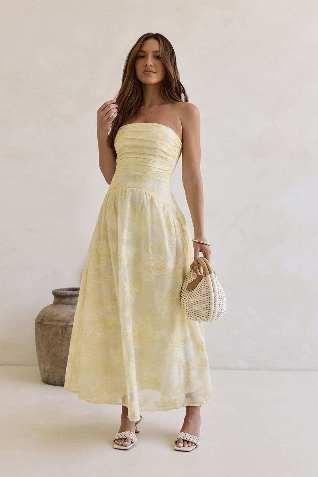 Cloud Kissed Paths Strapless Maxi Dress Yellow