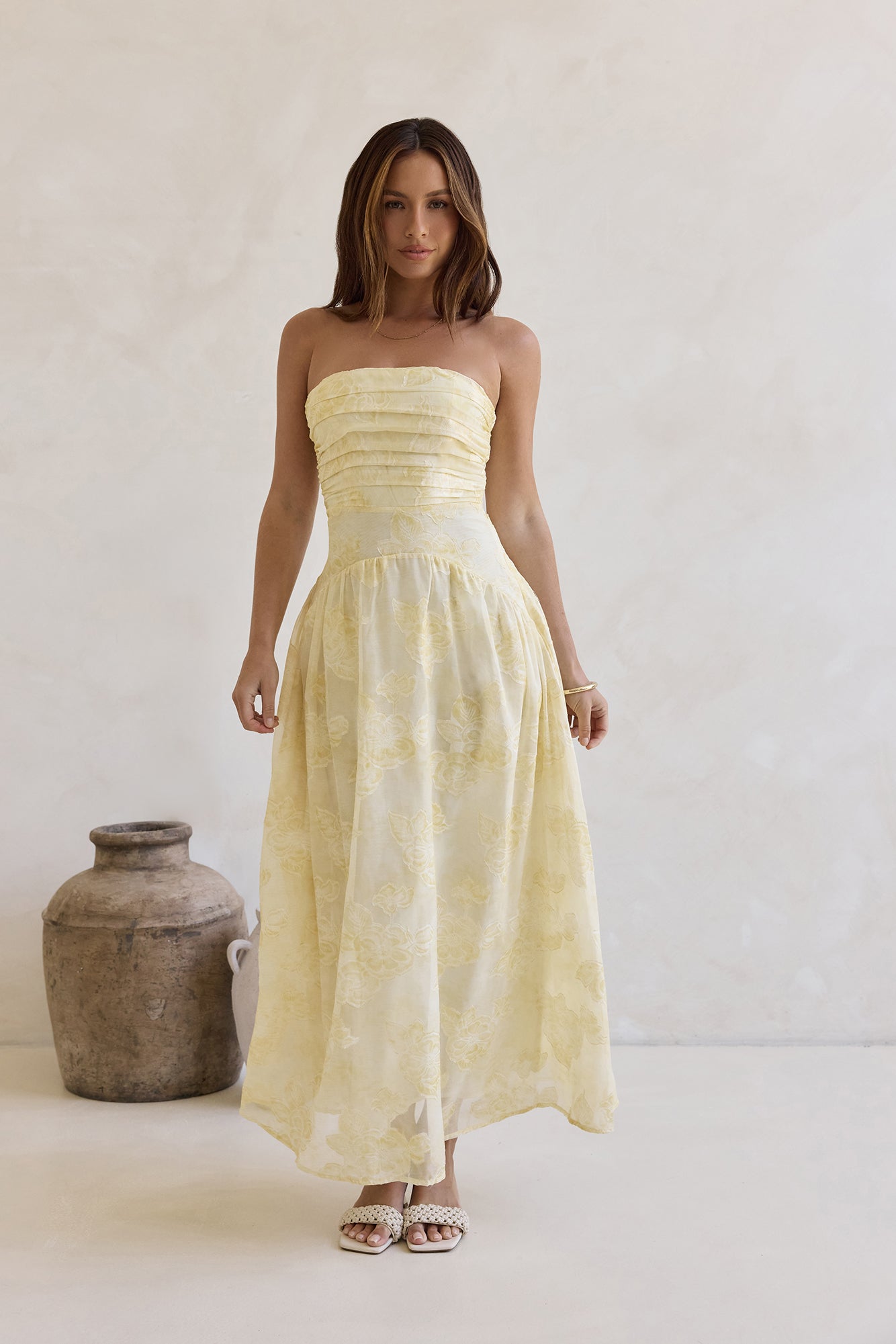 Cloud Kissed Paths Strapless Maxi Dress Yellow