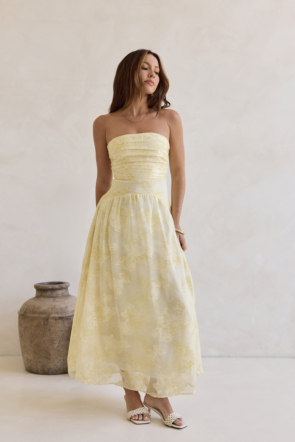 Cloud Kissed Paths Strapless Maxi Dress Yellow