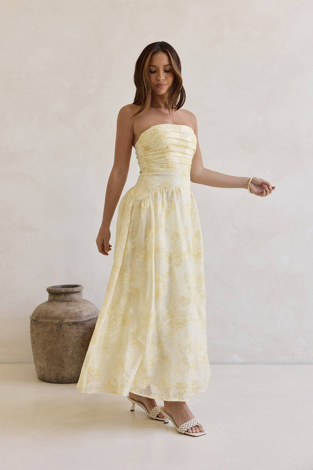 Cloud Kissed Paths Strapless Maxi Dress Yellow