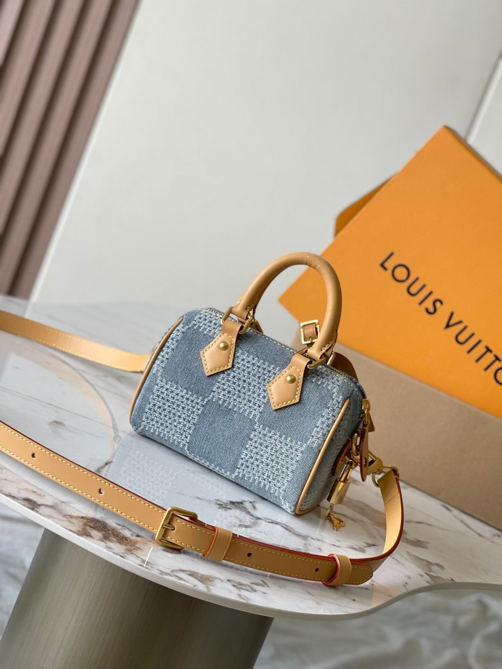 Louis Vuitton Speedy 18 Bandoulière Men's and Women's Checkerboard Printed Denim Patchwork Leather Single Shoulder Crossbody Tote Bag Bags #76848