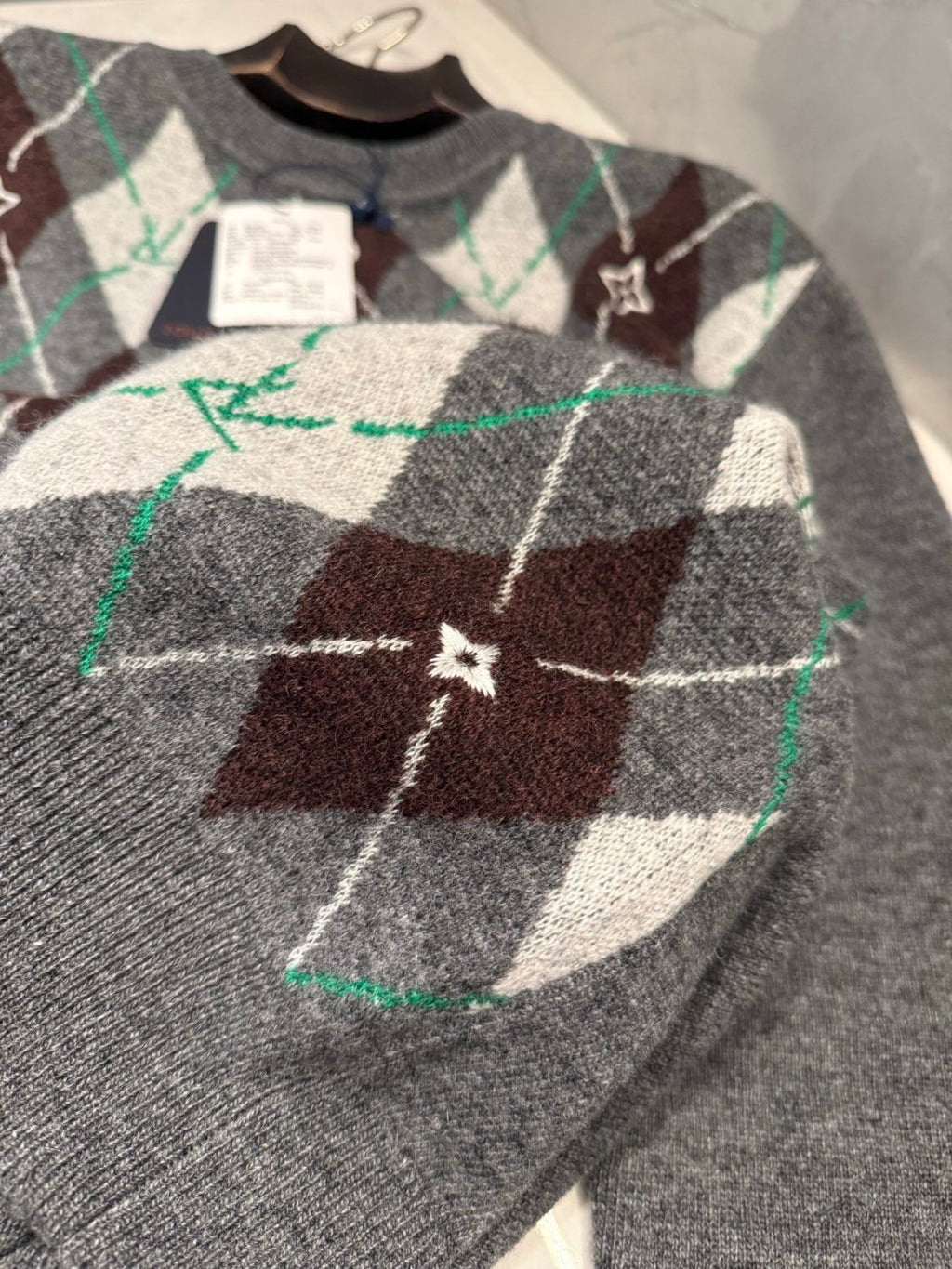 Louis Vuitton Men's Argyle Crew Neck Sweater Spring/Fall Checkered Embroidered Wool Solid Color Long Sleeve Sweater #81564