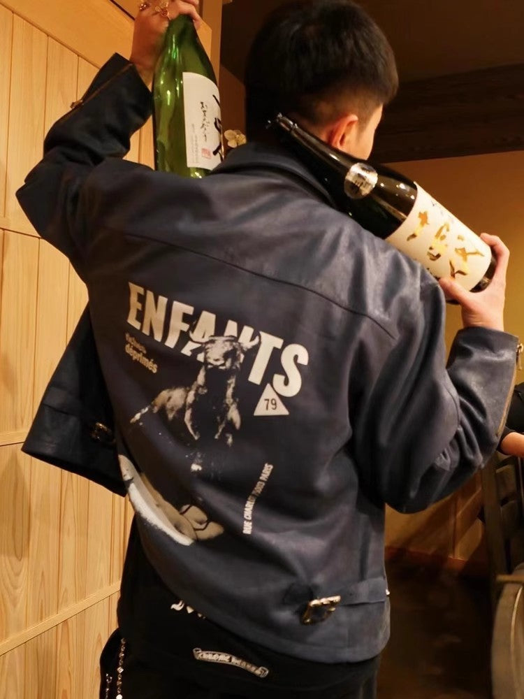 Enfants Riches Deprimes Men's Spring. Autumn And Winter Washed And Aged Crackle Pattern Printed Zipper Solid Color Long Sleeve Cowhide Jacket Ngvp #9337