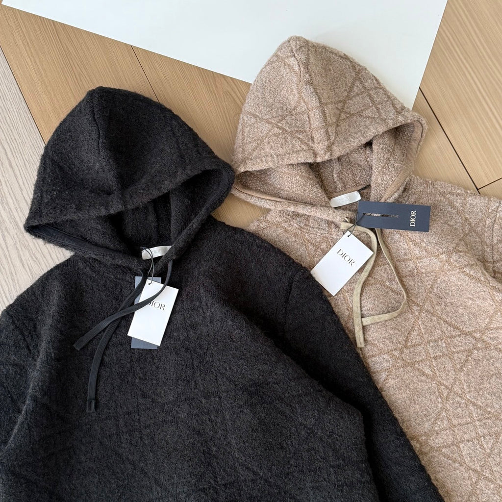 DIOR Cannage Hooded Sweatshirt Beige Cotton and Wool Blend Knit#336735