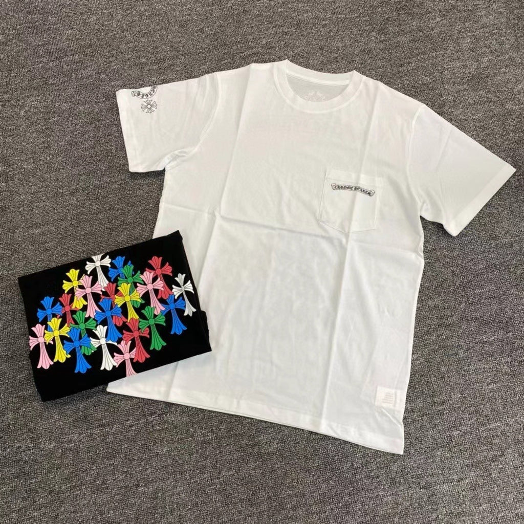 Chrome Hearts Men's Women's Summer Tide Sanskrit Letters Colourful Cross Logo Short-Sleeved T-Shirt Round Neck Short-Sleeved Casual T-Shirt #81147