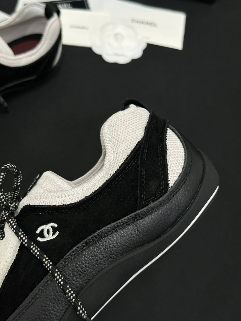 CHANEL Sneakers Velvet Calfskin Mixed Fibers Black White #386505