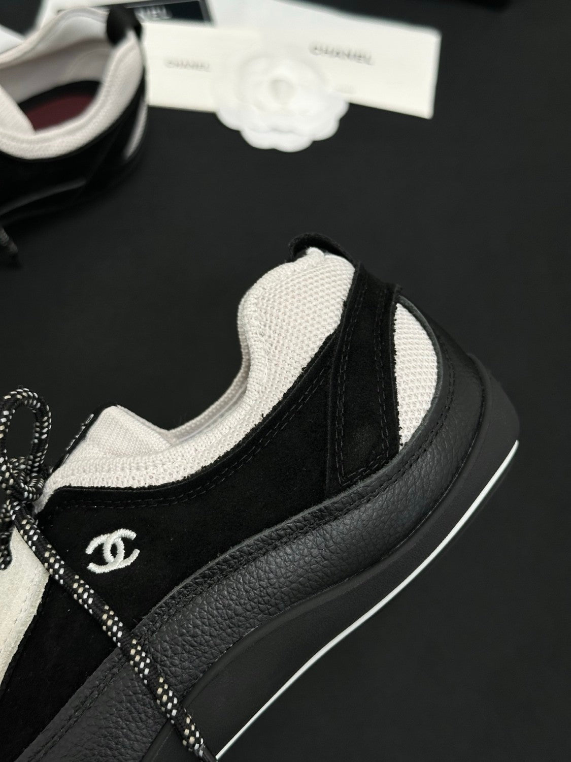 CHANEL Sneakers Velvet Calfskin Mixed Fibers Black White #386505