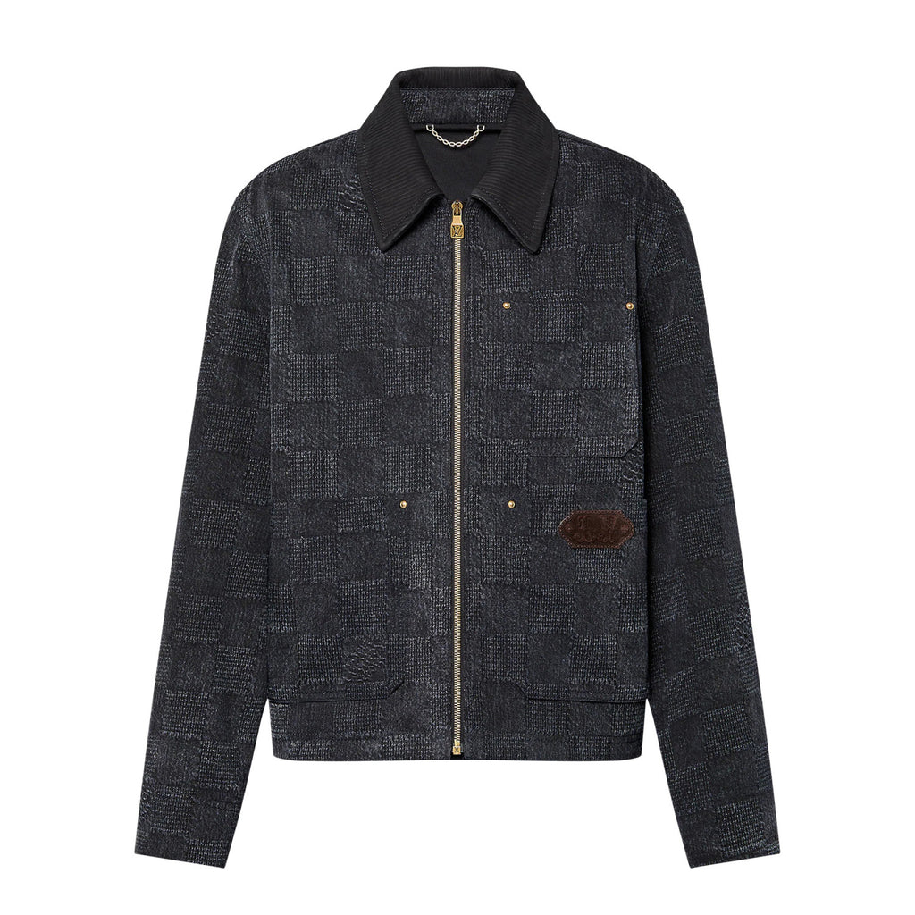 Louis Vuitton Men's Spring And Fall Black Embossed Pattern Stitching Zipper Long Sleeved Denim Jacket Plaid Casual Jeans Pants Suit Set #74288