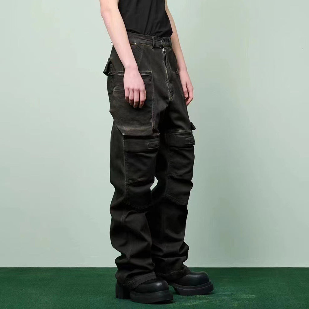Rick Owens Men's Spring and Autumn Retro Washed and Worn Out Multi Pocket Workwear Pants Casual Wide Leg Pants Ngvp #8617