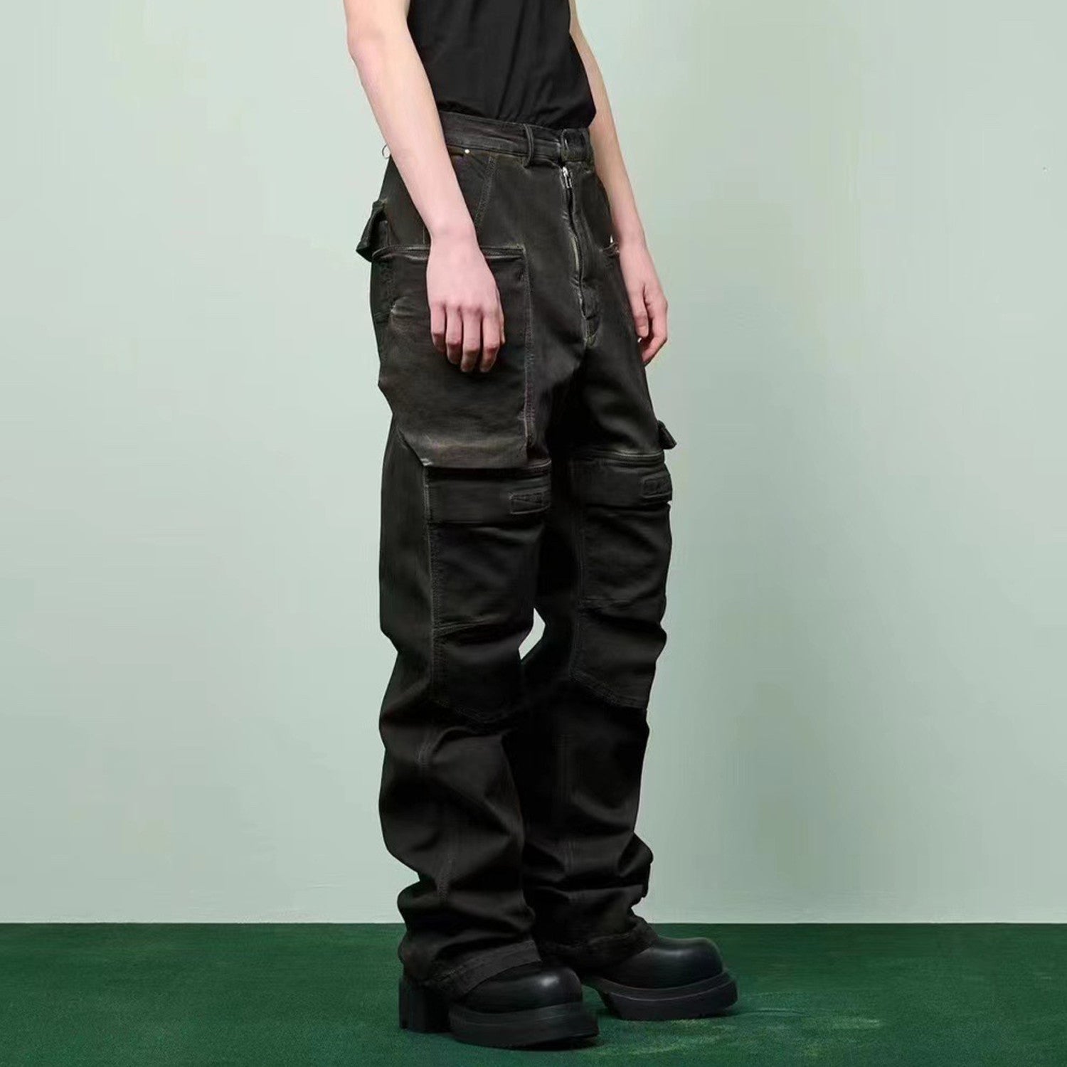 Rick Owens Men's Spring and Autumn Retro Washed and Worn Out Multi Pocket Workwear Pants Casual Wide Leg Pants Ngvp #8617