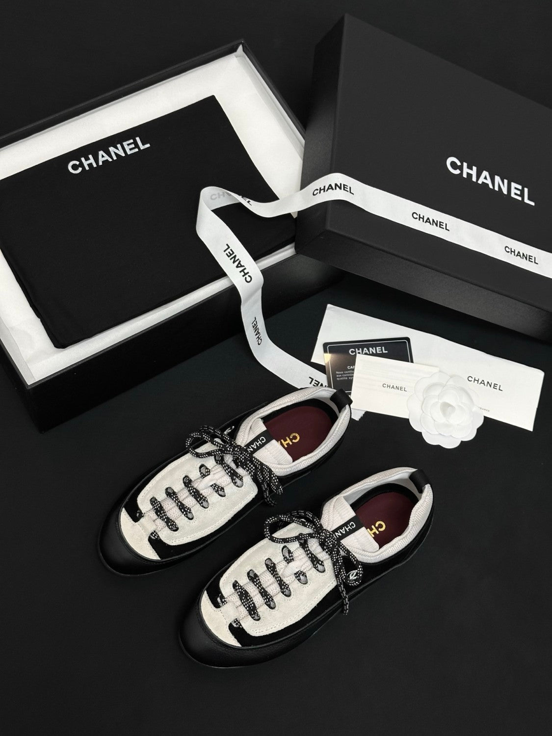 CHANEL Sneakers Velvet Calfskin Mixed Fibers Black White #386505
