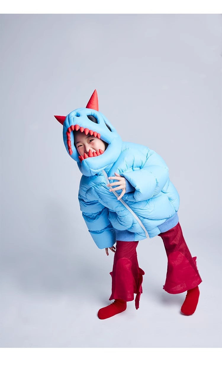 Kid's Autumn And Winter Solid Color Dinosaur Thickened Long Sleeve Hooded Puffer Down Jacket #31324