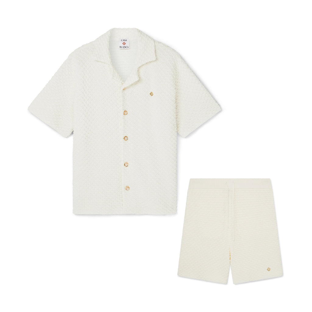 Casablanca Men's Summer Solid Color Single Breasted Knit Short Sleeve Shirt Lace Up Casual Shorts Set Suit #75965