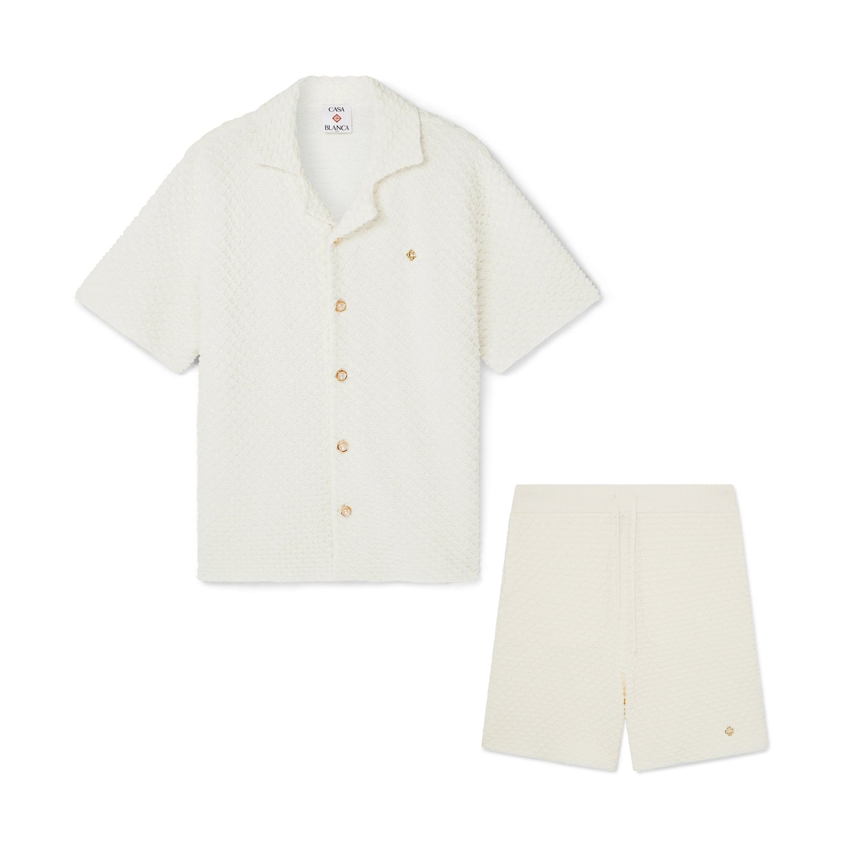 Casablanca Men's Summer Solid Color Single Breasted Knit Short Sleeve Shirt Lace Up Casual Shorts Set Suit #75965