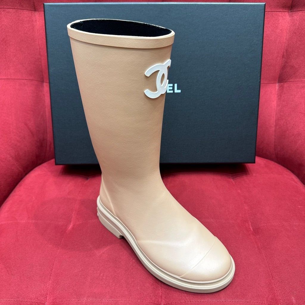 Chanel 25S Fashion Overalls Tall Boots Women's Beige Anti-Slip Rain Boots #332426