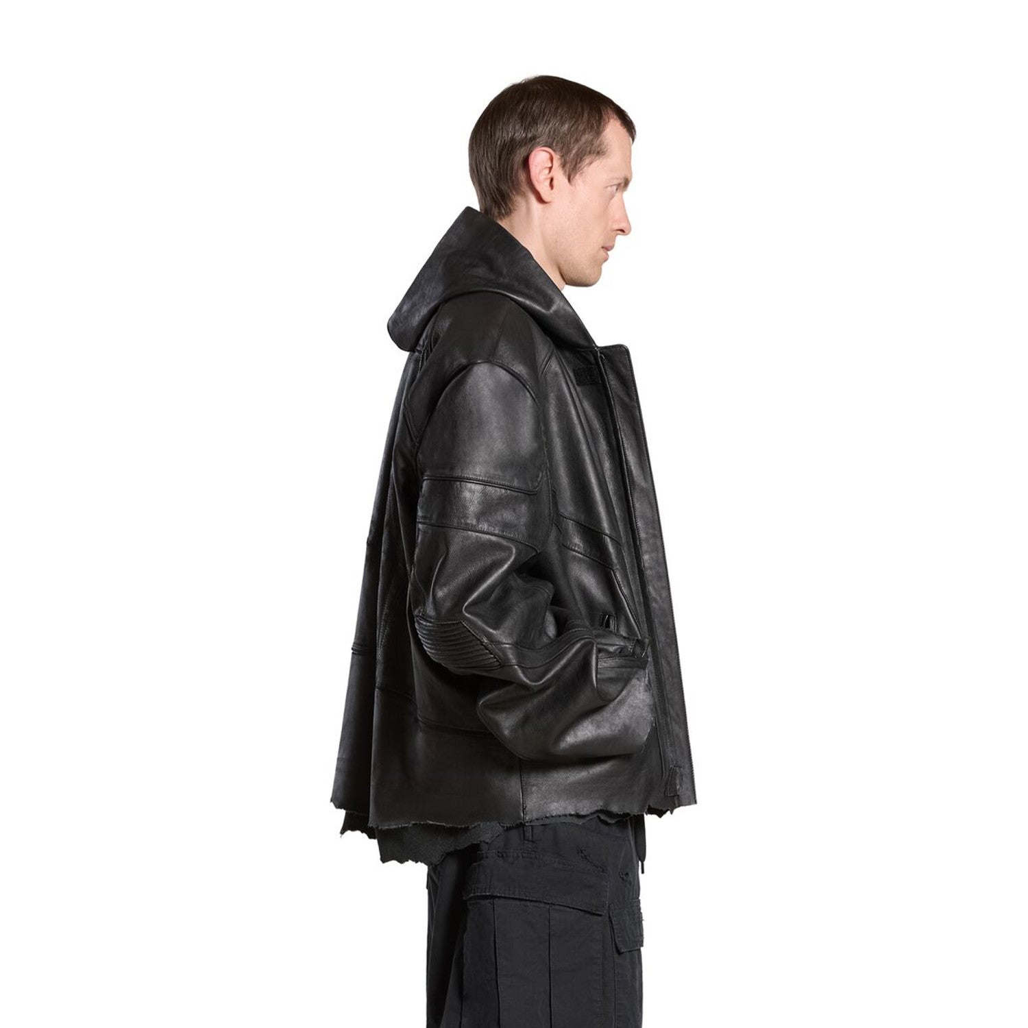 Balenciaga Men's Women's Autumn And Winter High Street Solid Color Cowhide Zipper Long Sleeve Loose BIKER Hooded Jacket Ngvp #8578