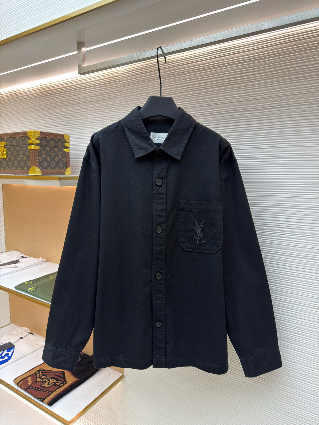 SAINT LAURENT  LE CASSANDR Men's Spring/Fall Fashion Casual Solid-Color Long-Staple Combed Cotton Collared Single-Breasted Long-Sleeve Embroidered Logo Shirt Jacket #78998