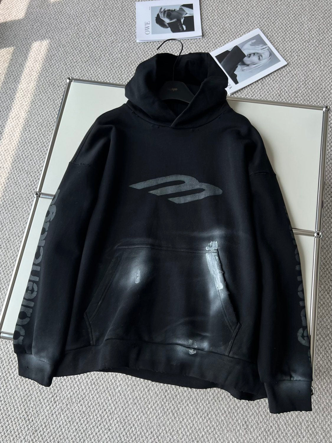 Balenciaga Men's Spring and Autumn Black Letter Printed Hooded Pullover Long Sleeve Sweatshirt #73213