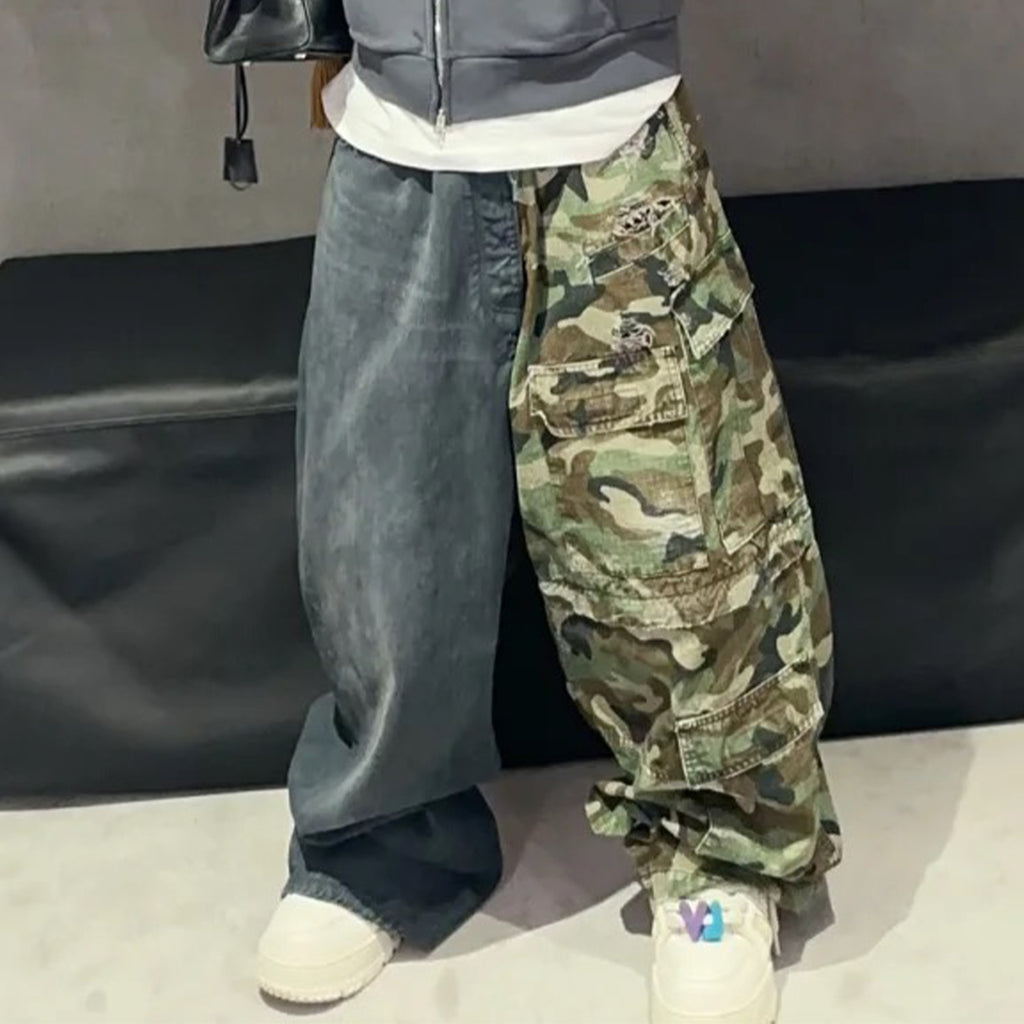 Balenciaga Men's Four Seasons Vintage Washed Camouflage Splicing Frayed Jeans Fashion High Street Straight Wide Leg Work Pants Ngvp #9121