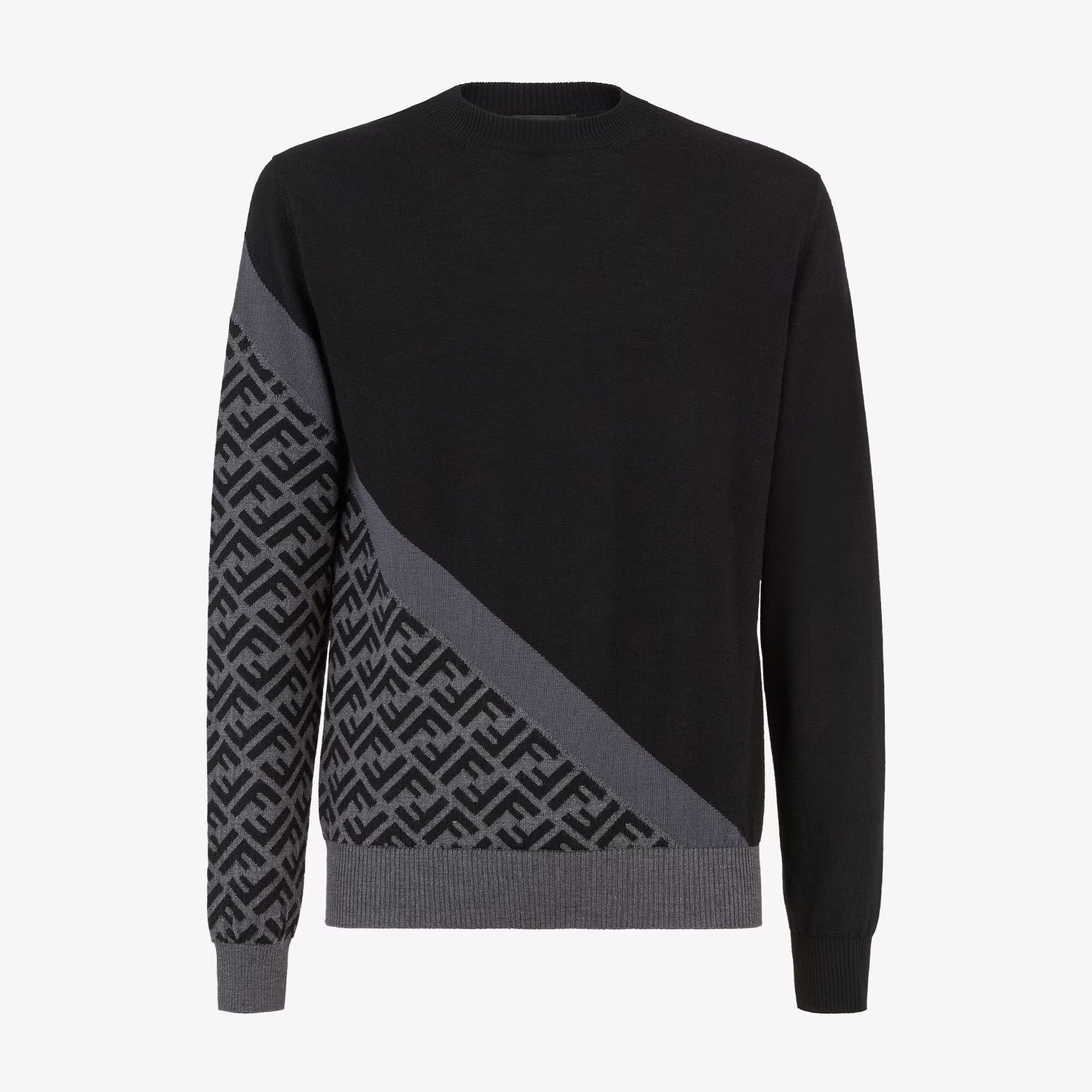 Fendi Men's Spring Autumn FF Classic Twill Jacquard Patchwork Crew Neck Knit Pullover Sweater #97843