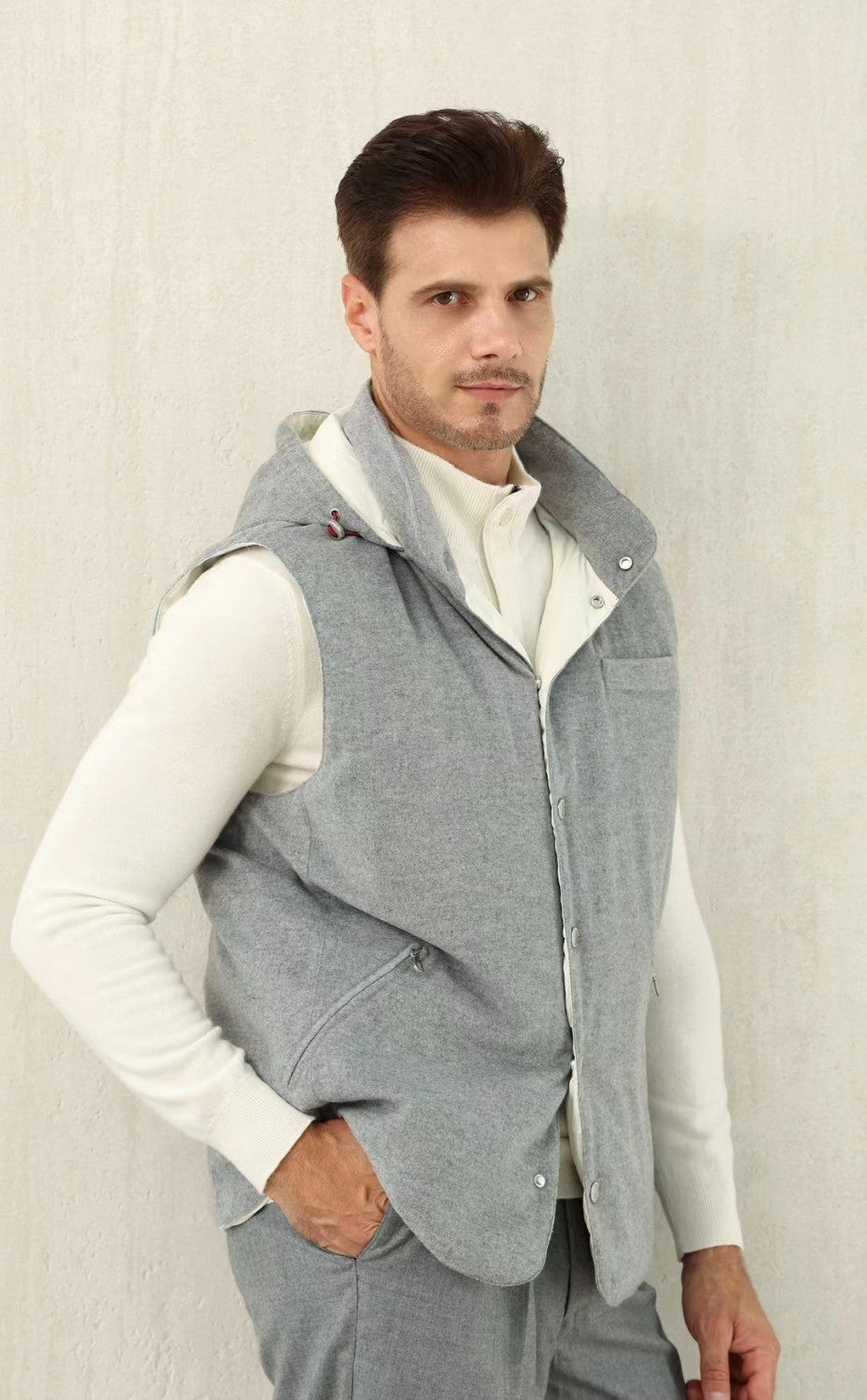 Brunello Cucinelli Men's Spring/Autumn Detachable Hooded Solid Color Single-Breasted Bonded Wool Flannel Down Vest Ngvp #2293
