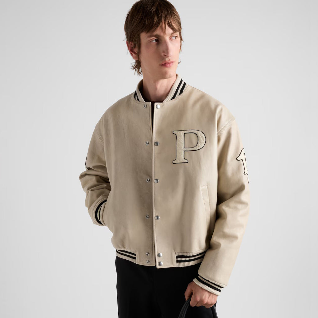 Prada Men's and Women's Spring and Autumn Solid Color Letter Logo Applique Zipper Leather Long Sleeve Jacket #73932