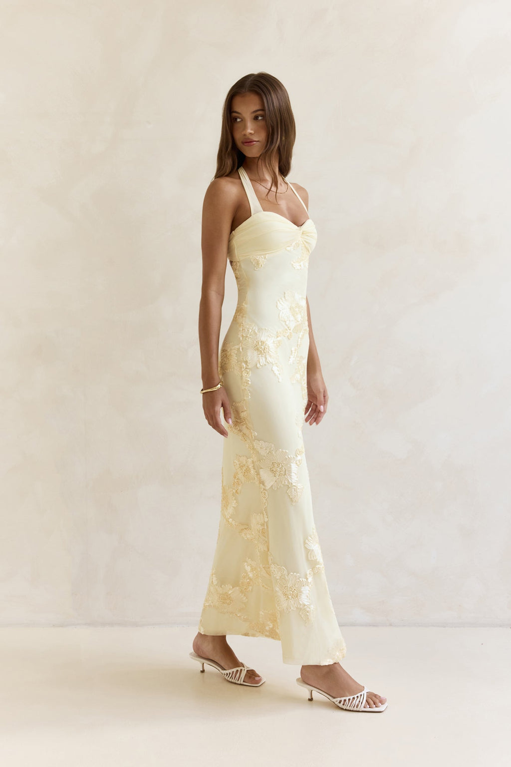 Skybloom Mesh Halter Maxi Dress Yellow