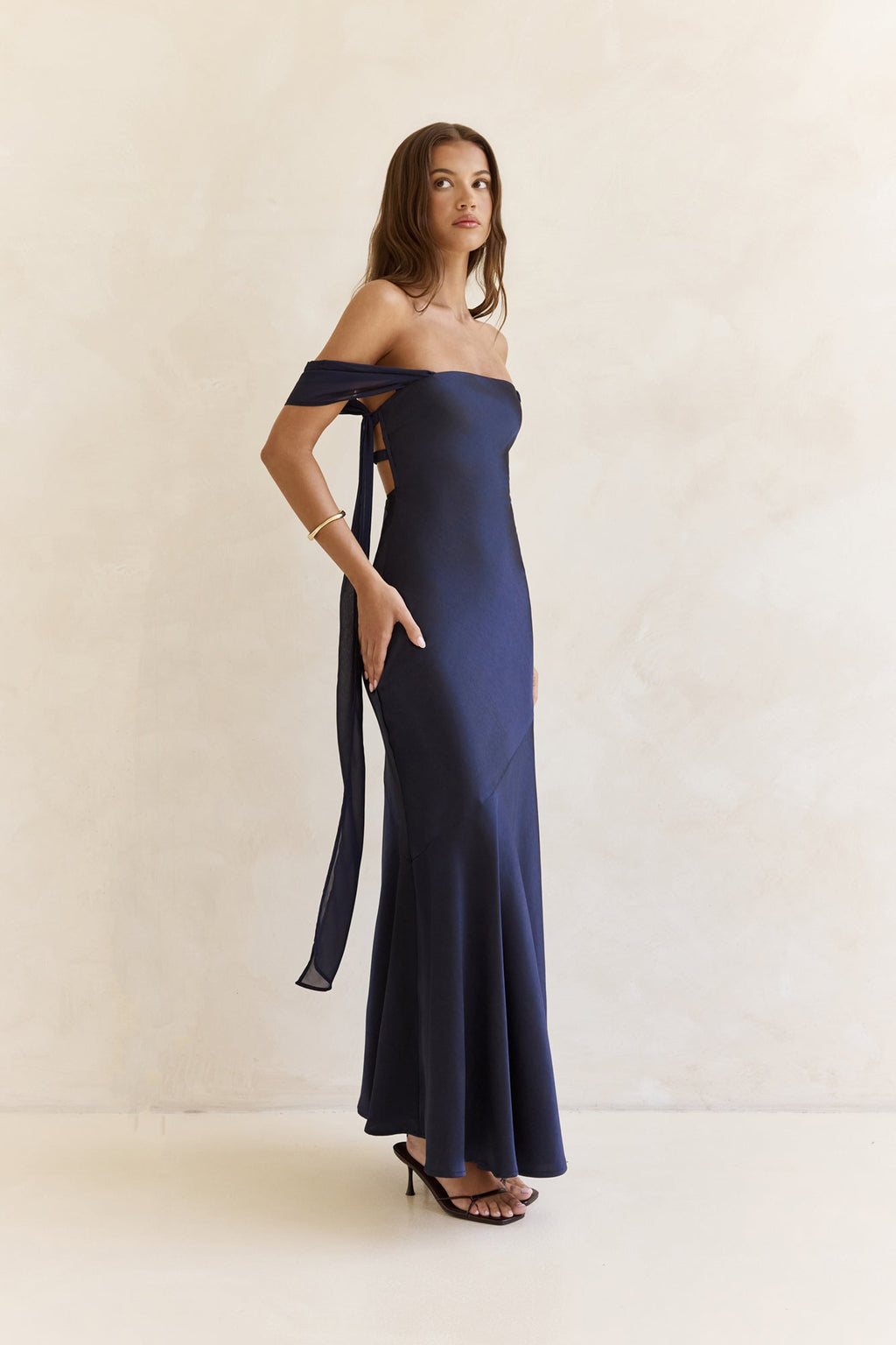 Late Night Dreams Off Shoulder Satin Maxi Dress Navy