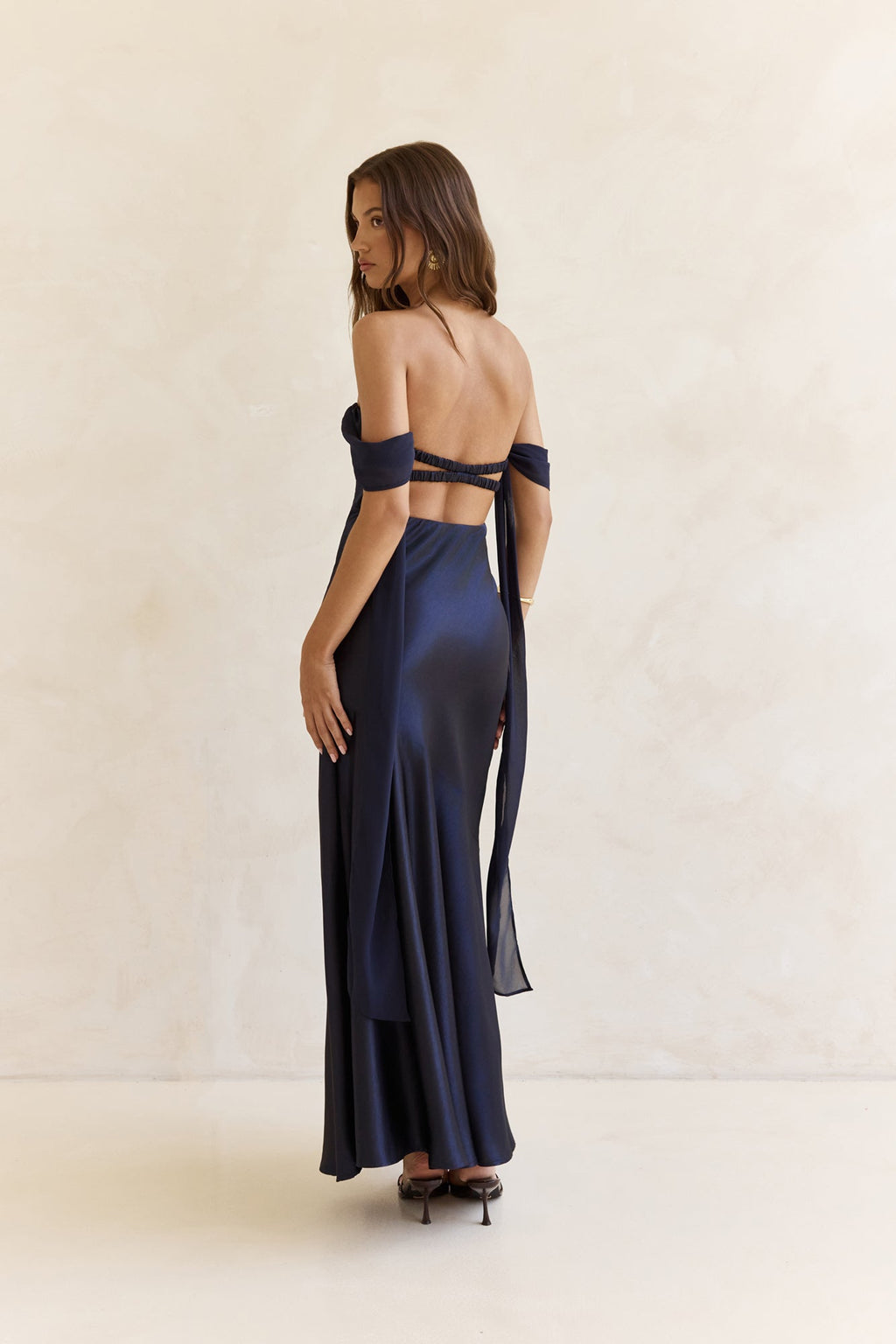 Late Night Dreams Off Shoulder Satin Maxi Dress Navy
