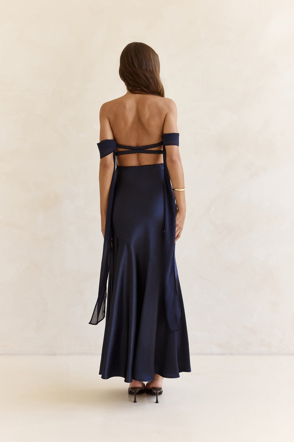 Late Night Dreams Off Shoulder Satin Maxi Dress Navy