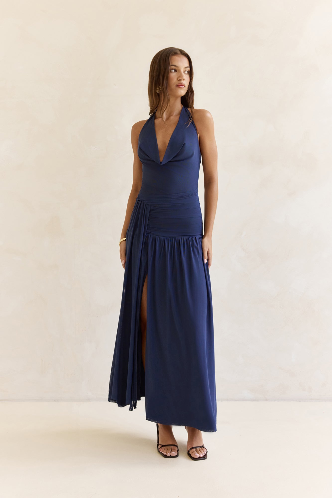 Dancing Skies Mesh Halter Maxi Dress Navy