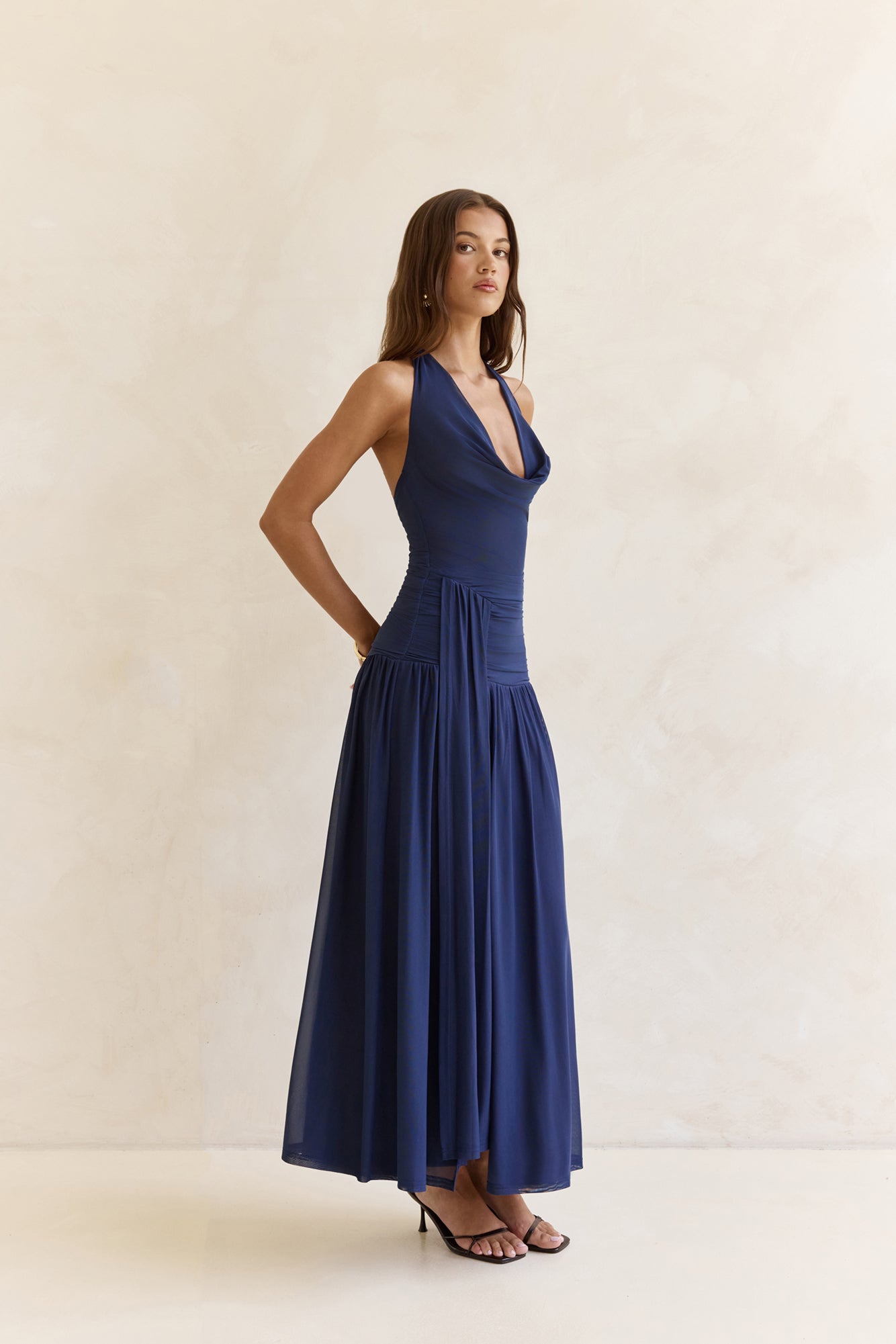 Dancing Skies Mesh Halter Maxi Dress Navy