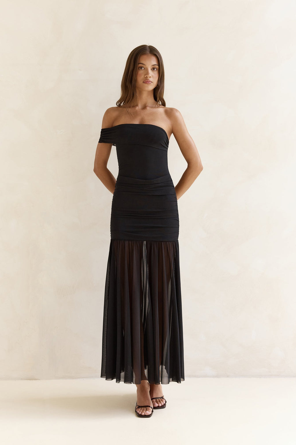 Serene Twilights One Shoulder Mesh Maxi Dress Black
