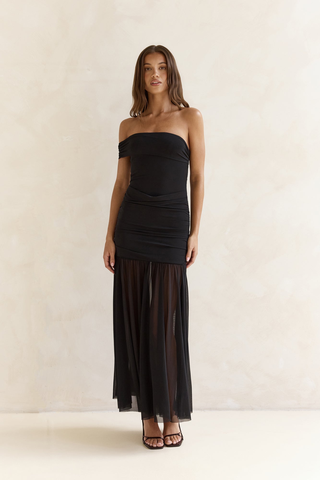 Serene Twilights One Shoulder Mesh Maxi Dress Black