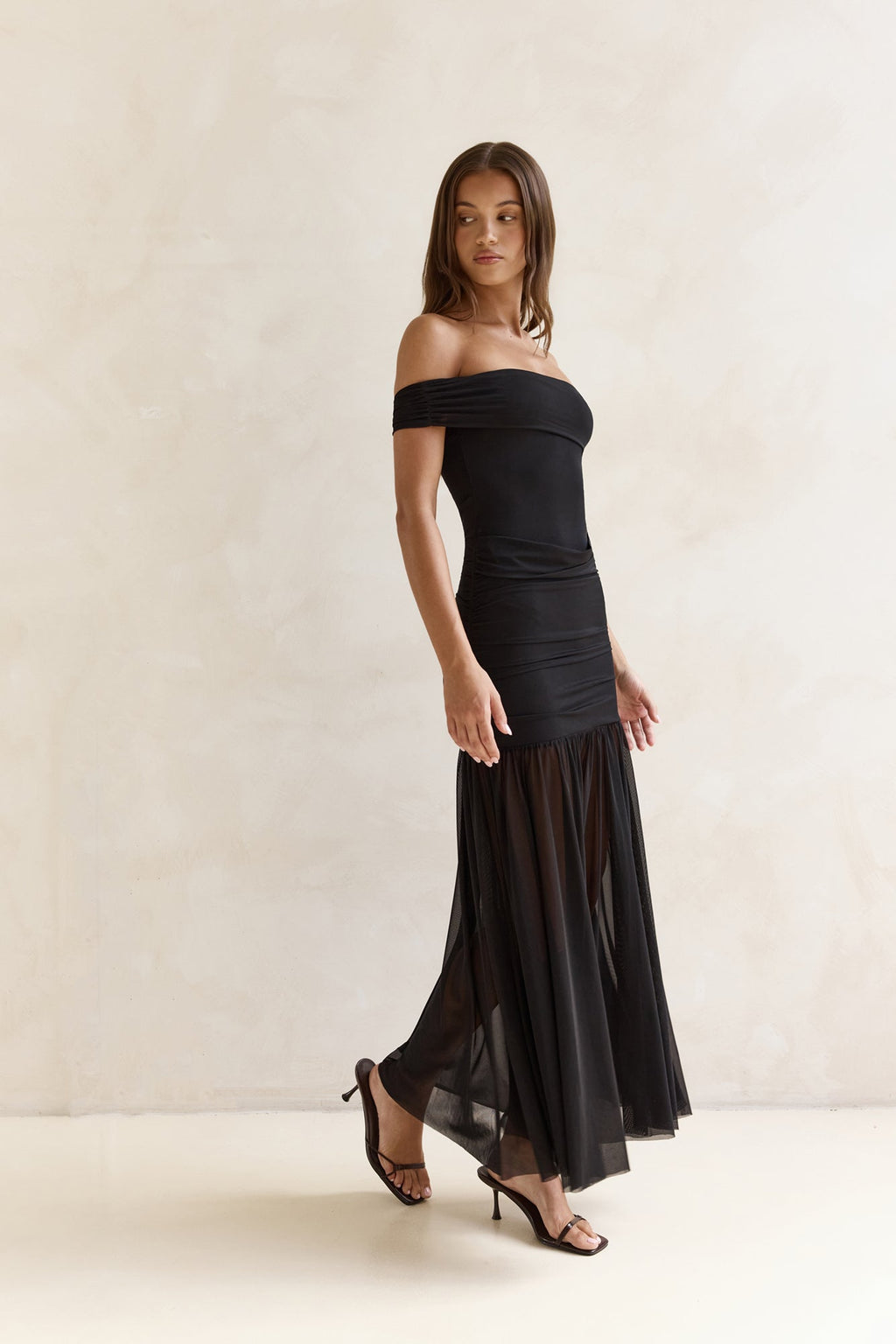 Serene Twilights One Shoulder Mesh Maxi Dress Black