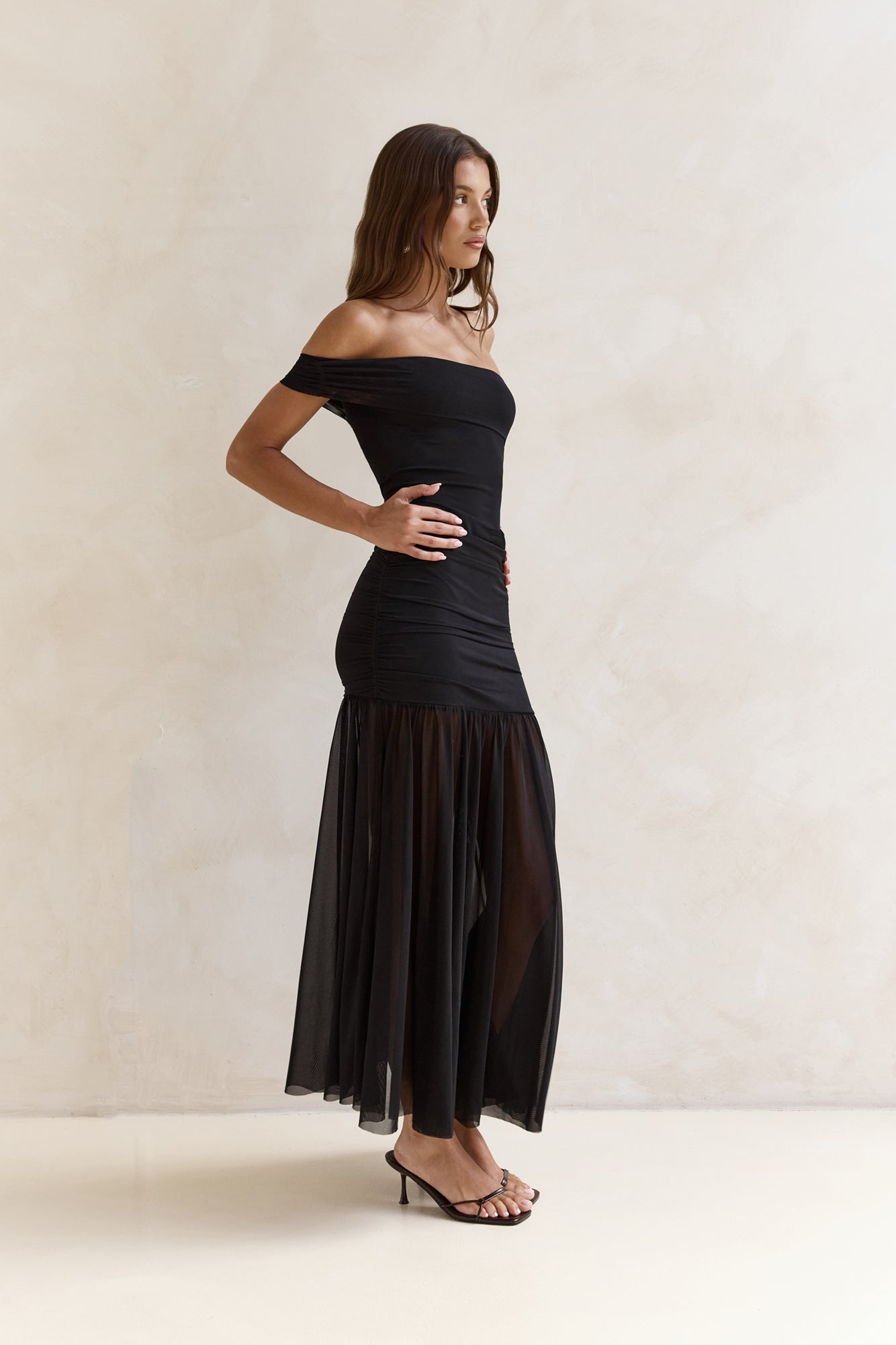 Serene Twilights One Shoulder Mesh Maxi Dress Black