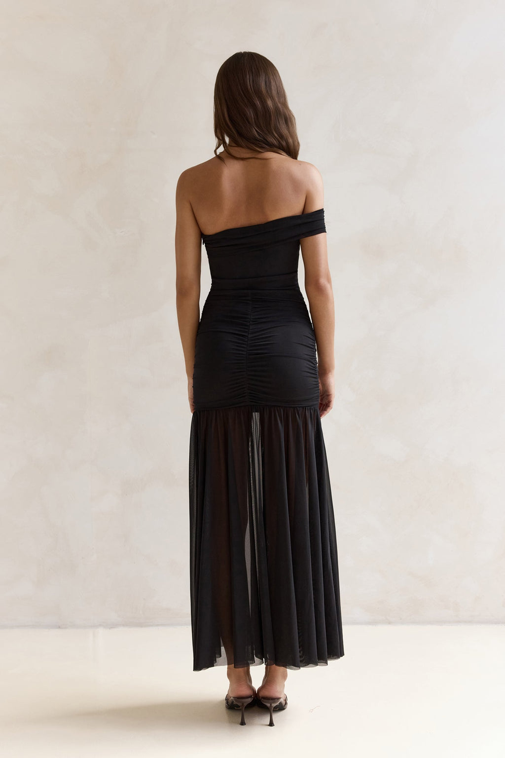Serene Twilights One Shoulder Mesh Maxi Dress Black