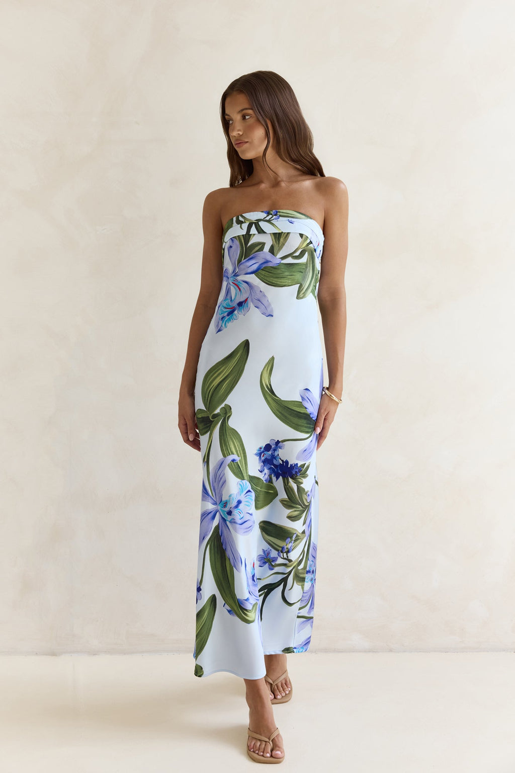 Bells Of Spring Satin Strapless Maxi Dress Blue