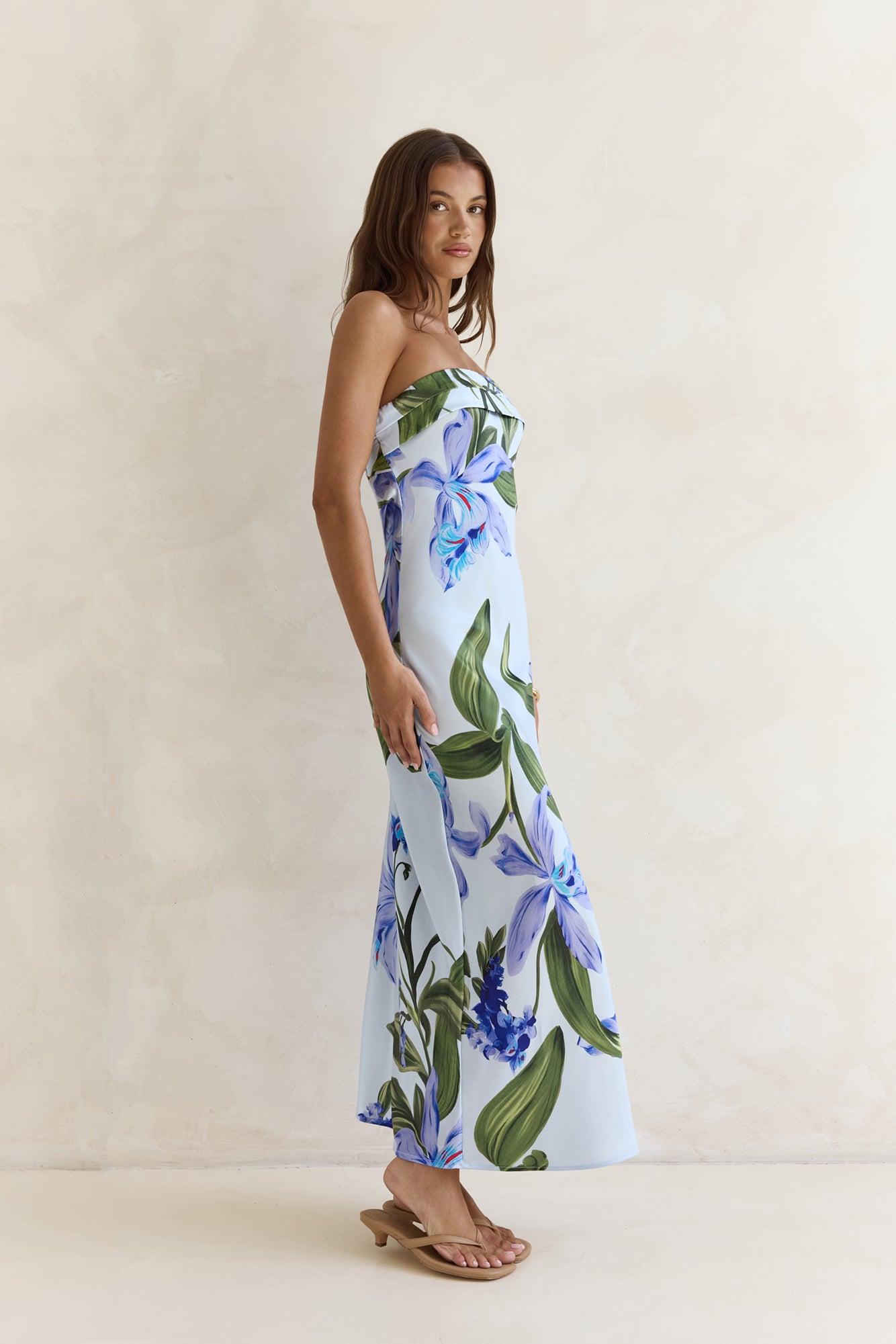 Bells Of Spring Satin Strapless Maxi Dress Blue