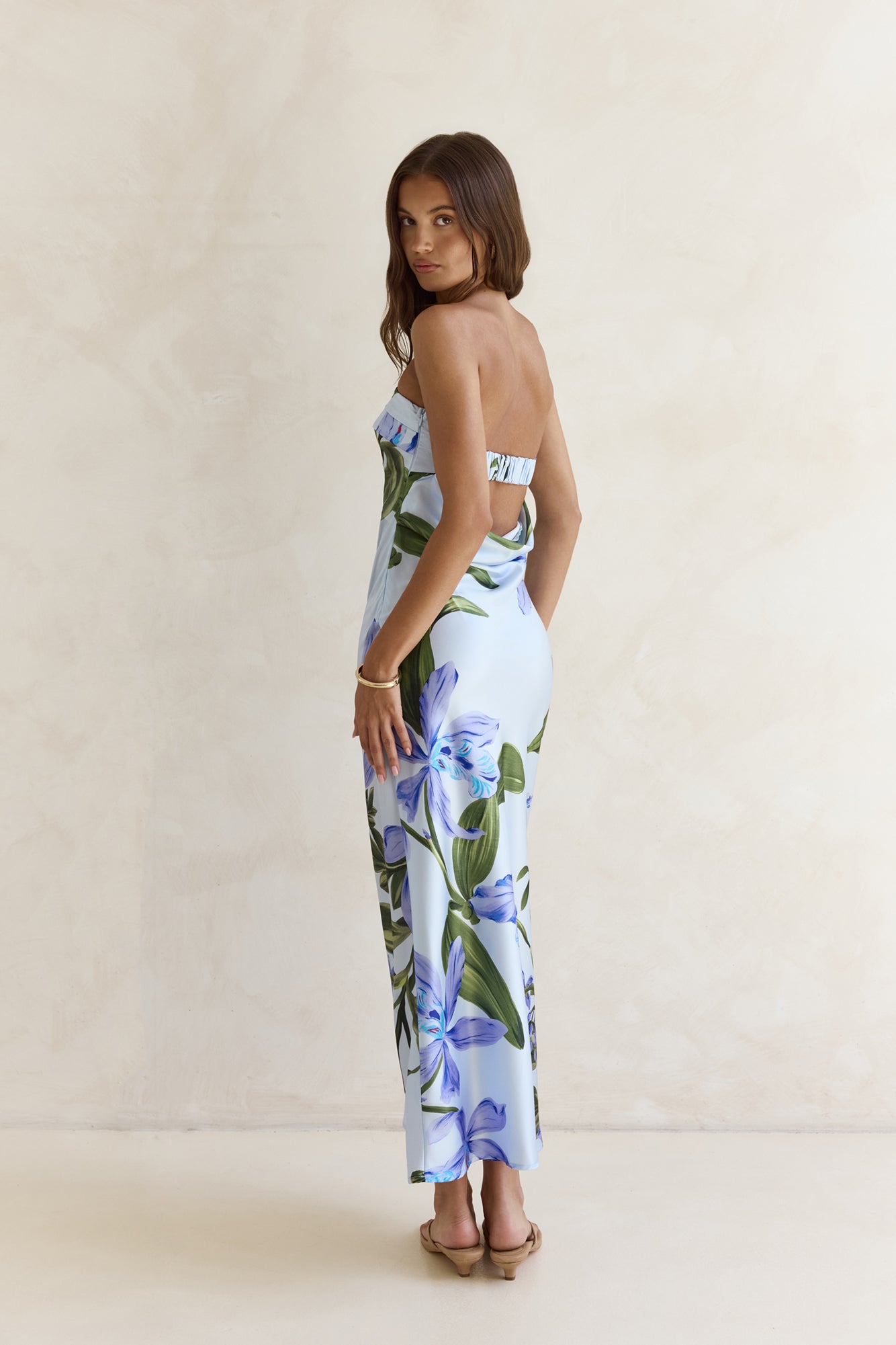 Bells Of Spring Satin Strapless Maxi Dress Blue